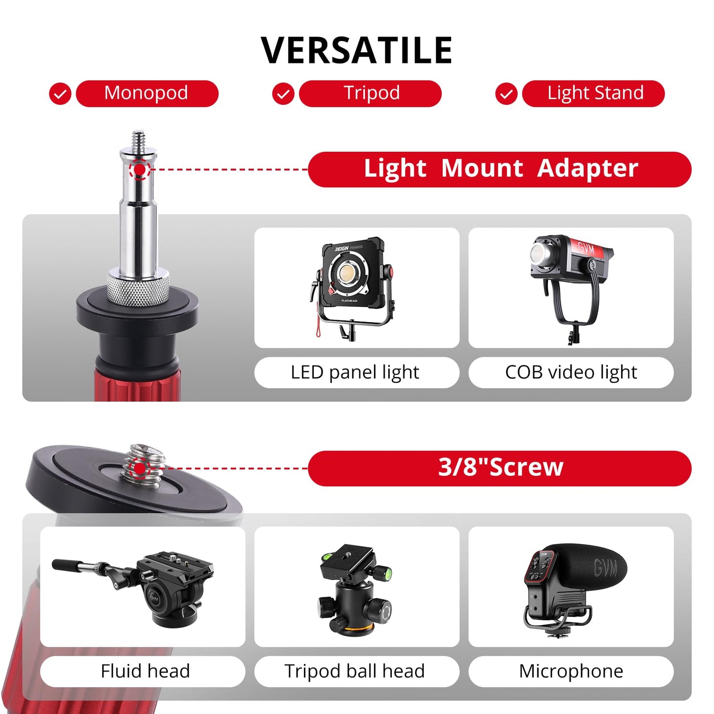 GVM YB2L200 79.9in Heavy Duty Light Stand Kit (2-Pack), Round Base Monopod, 10kg Load Capacity, Flat Base for Stability, for Video Recording, Live Streaming, Interviews & Photography Studio