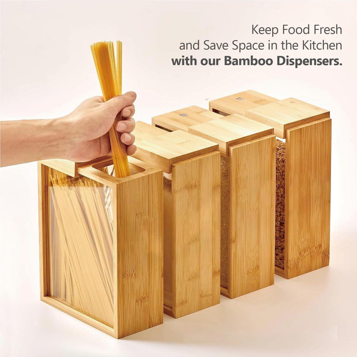 MAGIC BAMBOO Dry Food Dispenser 2L, Bamboo Food Dispenser – Airtight Kitchen Storage Container for Cereal, Rice, Flour, and Snacks – Pantry Organizer for Easy Dispensing and Freshness