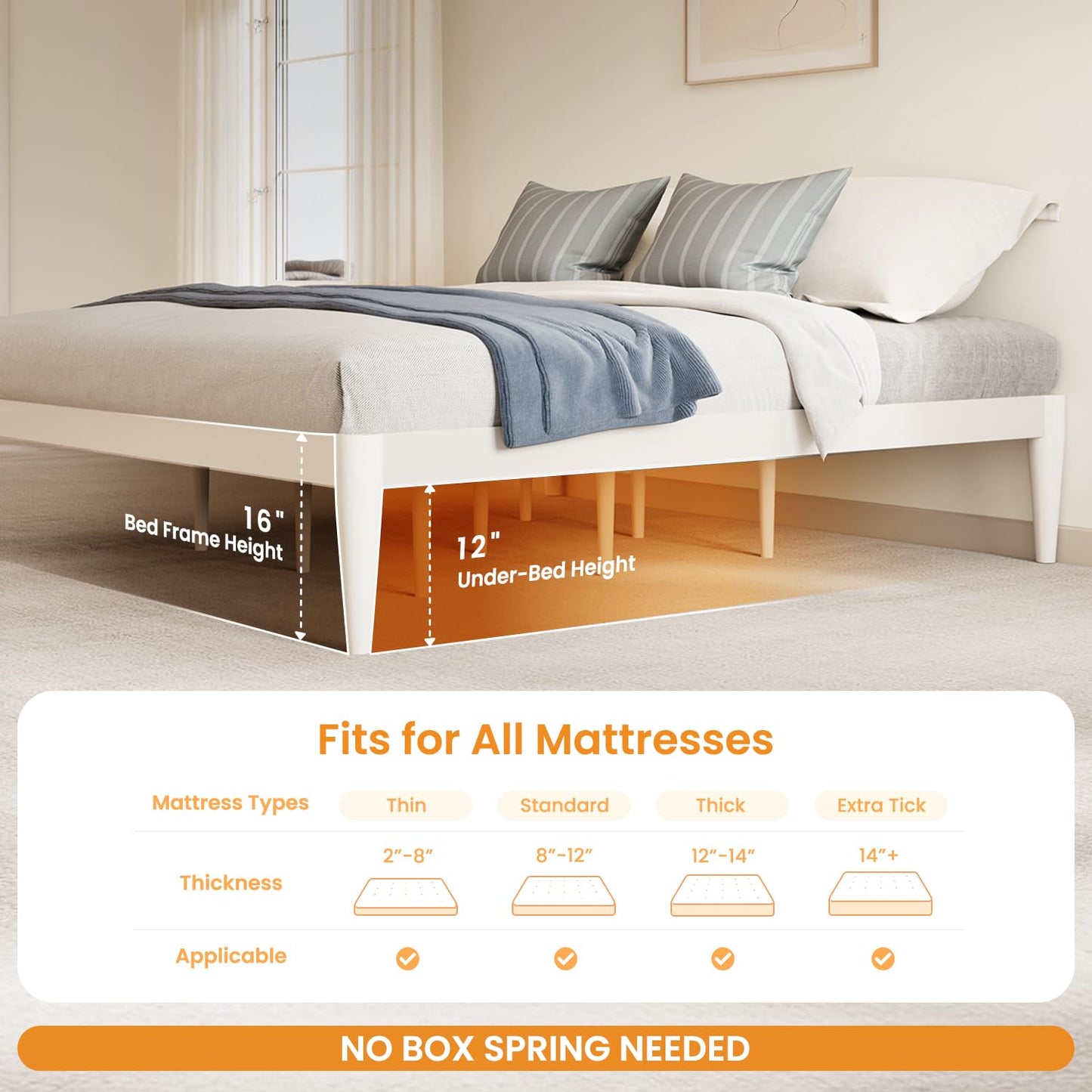 IOTXY Twin Platform Bed Frame - Solid Wood 16-Inch Height Mattress Foundation Base with Densely Slats and Heavy-Duty Support Legs, No Box Spring Needed, White