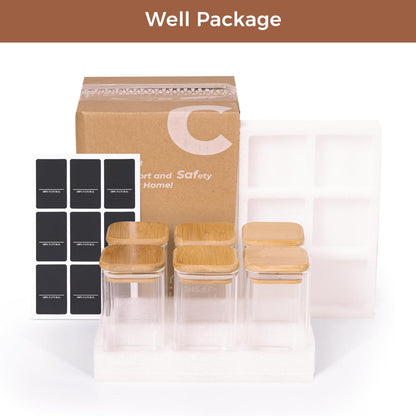 ComSaf 16Pcs Glass Spice Jars with Bamboo Lid, 4oz Airtight Square Spice Containers with 275 Black Lables, Empty Seasoning Jars for Spice Salt Sugar