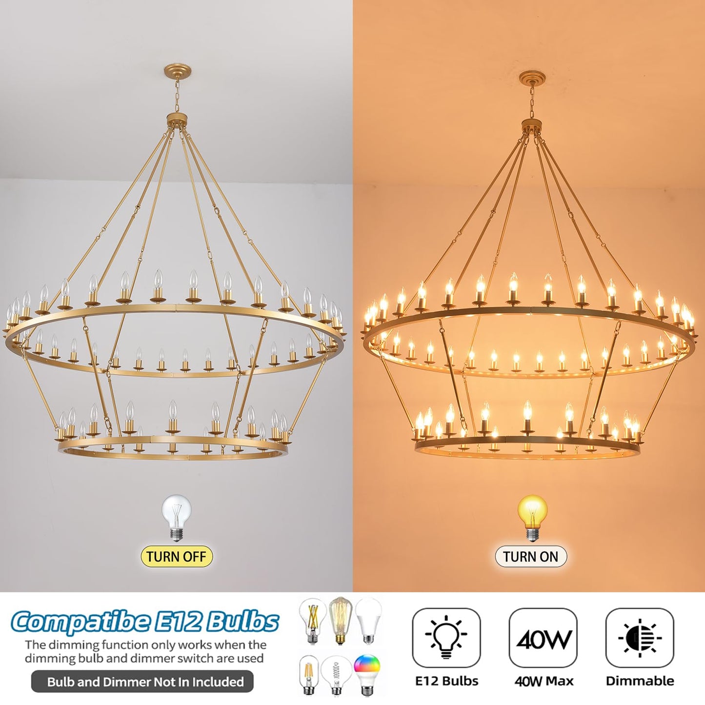 JKLX 60 Inch Gold Extra Large Wagon Wheel Chandelier, 2 Tier 54-Lights Farmhouse Industrial Round High Ceiling Pendant Light Adjustable Chain, for Dining Room, Living Room
