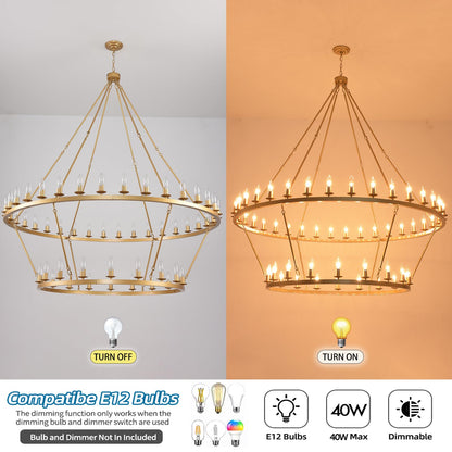 JKLX 60 Inch Gold Extra Large Wagon Wheel Chandelier, 2 Tier 54-Lights Farmhouse Industrial Round High Ceiling Pendant Light Adjustable Chain, for Dining Room, Living Room