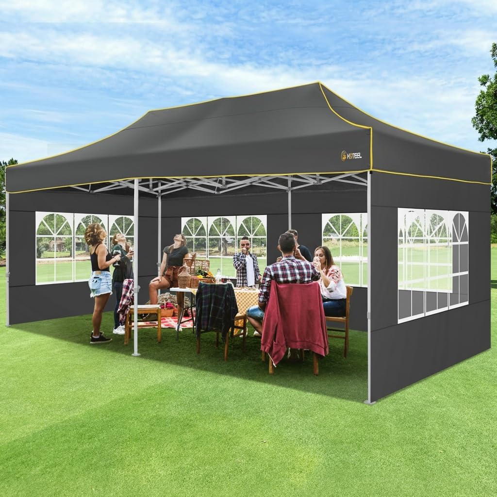 HOTEEL 10x20 Heavy Duty Pop up Canopy Tent with 6 Sidewalls, Easy Setup Outdoor Commercial Instant Gazebo for Parties Wedding Event, with Roller Bag & Sand Bags, Gray(Hexagonal Frame)