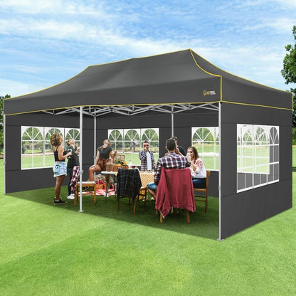 HOTEEL 10x20 Heavy Duty Pop up Canopy Tent with 6 Sidewalls, Easy Setup Outdoor Commercial Instant Gazebo for Parties Wedding Event, with Roller Bag & Sand Bags, Gray(Hexagonal Frame)