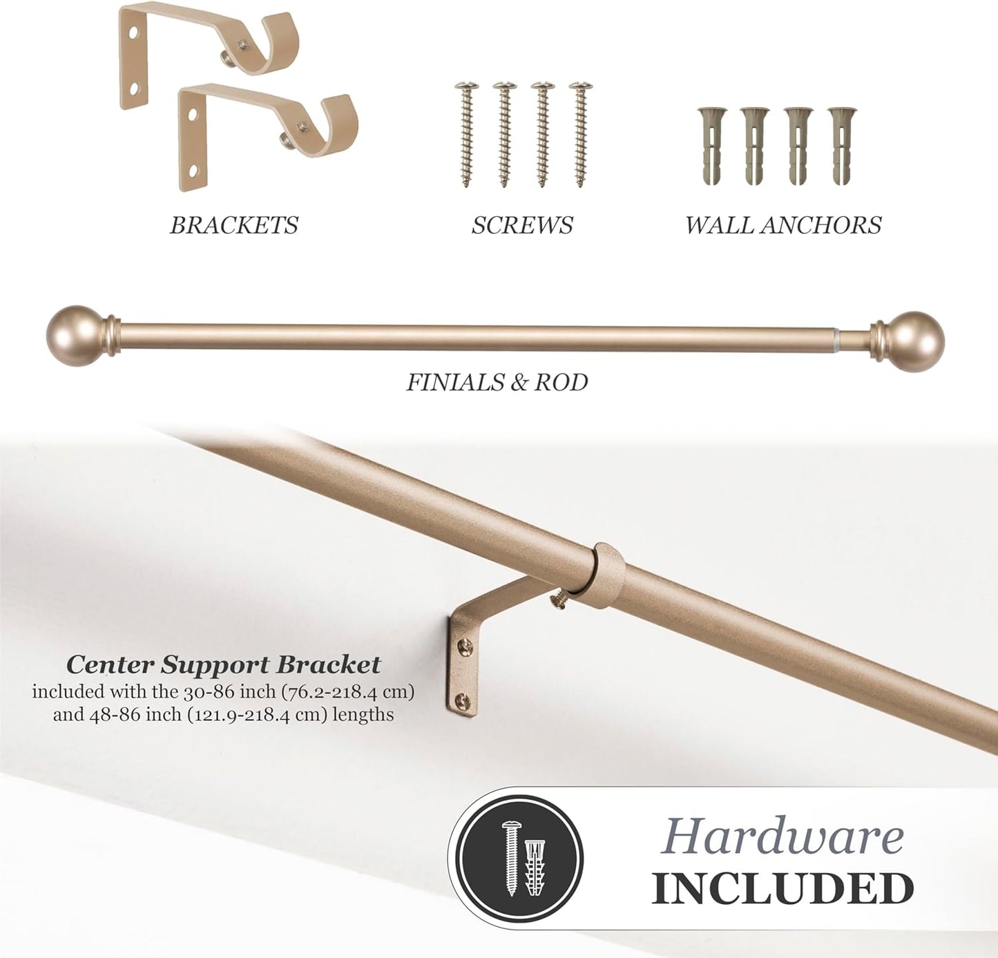 Kenney Chelsea Ball End Window Curtain Rod, Adjustable for Windows 28 to 48 Inches, Soft Brass Gold