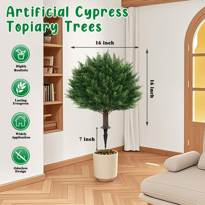 Grooy Artificial Cypress Topiary Tree with Ground Spike, Set of 2 Artificial Shrub Bushes, Fake Evergreen Tree for Porch, Artificial Plants for Outdoor Planters Indoor UV Resistant