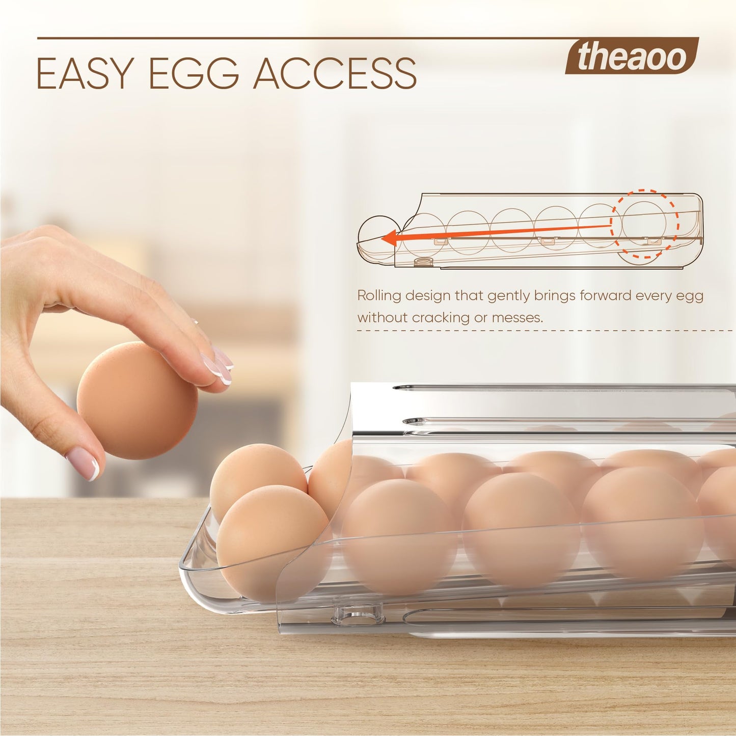 theaoo Egg Holder for Fridge, Automatic Rolling Egg Container for Refrigerator, Clear Plastic Egg Dispenser, Stackable Eggs Organizer with Quick Removable inner Tray For Organizers and Storage, 2 Pack