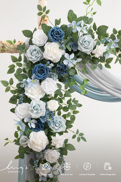 Ling's moment Artificial Wedding Arch Flowers with Drapes Kit-Pack of 5, 2pcs Flower Arrangements 3pcs Hanging Sheer Drapes Sage Ceremony Arbor Backdrop Rose Floral Decorations, Dusty Blue