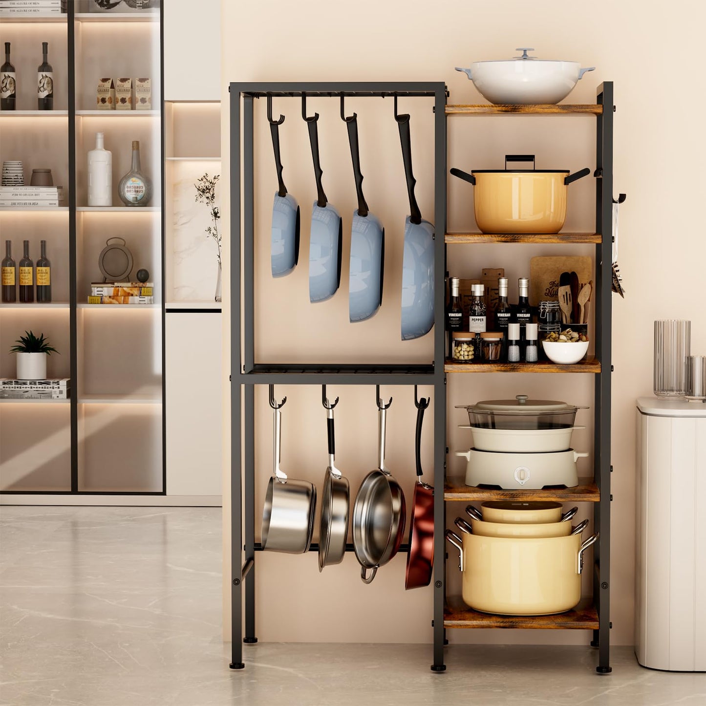 OMISRUIS 5-Tier Pot and Pan Organizer Rack with Hooks, Heavy-Duty Kitchen Storage Shelf for Cookware, Dishes, and Utensils, Freestanding Metal Pot Rack Organizer for Kitchen, Pantry, or Dining Room