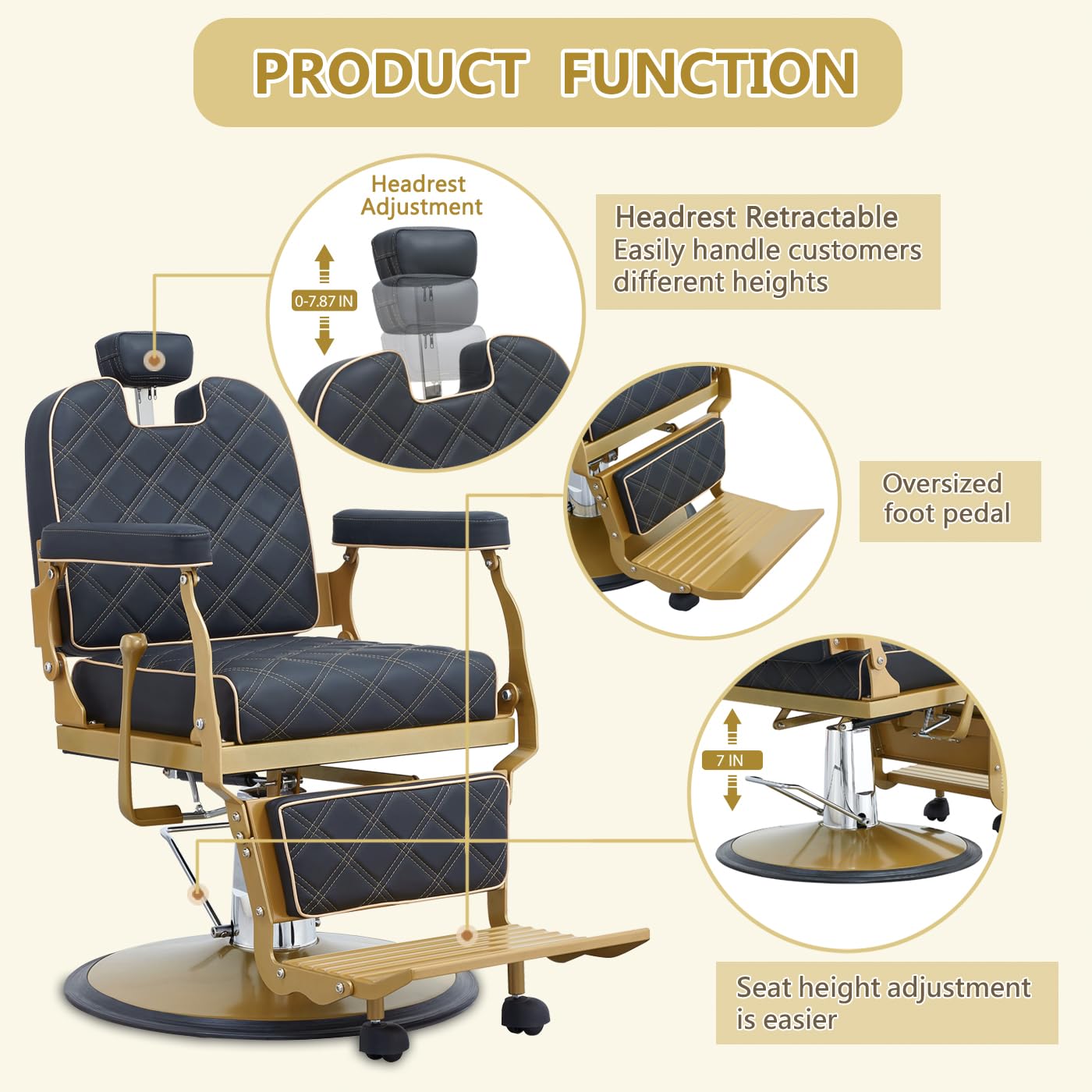 Barber Chair Hair Salon Chair,Heavy Duty 700 LBS, for Hair Stylist Barber Beauty Tattoo Massage(Gold)