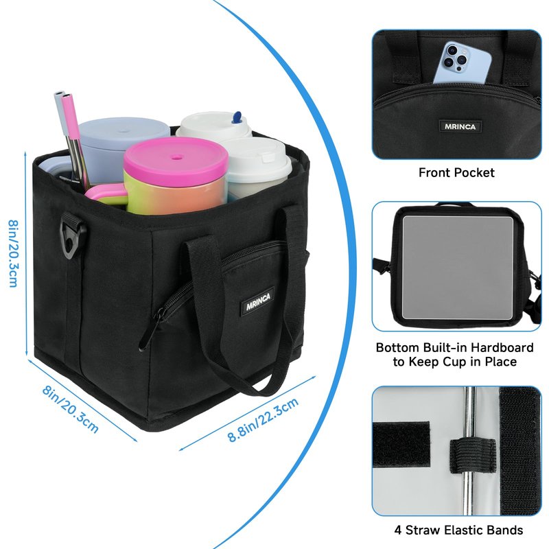 MRINCA Reusable Drink Carrier with Handle – Insulated, Collapsible 4-Cup Beverage Bag with No-Spill Base, Adjustable Dividers & Shoulder Strap, Portable Caddy for Delivery, Car and Travel, Black