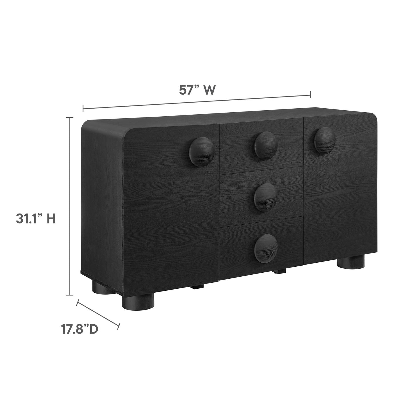 Modway Sonnet Retro Curved Sideboard in Black – 57 Inch Modern Buffet Cabinet with Circle Knobs – Credenza Cabinet with 3 Drawers – TV Stand Media Cabinet for Living Room, Home Office, Lounge Area