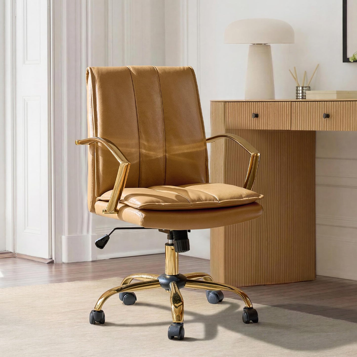HULALA HOME Genuine Leather Home Office Chair with Rocking Tilt Function, Modern Swivel Executive Desk Chair with Golden Legs and Arms, Height Adjustable Upholstered Computer Task Chair, Camel