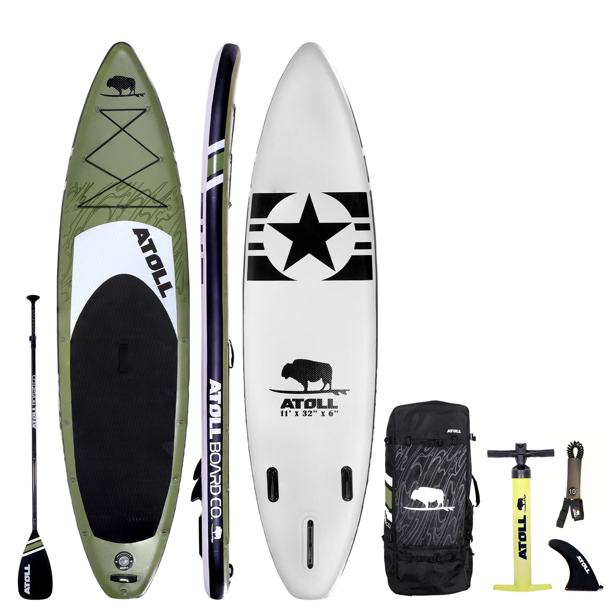Atoll Inflatable Paddle Board with Premium SUP Stand Up Paddle Board Accessories & Back Pack, Non-Slip Comfort Deck for Unisex Adult - 11ft (Army Green)