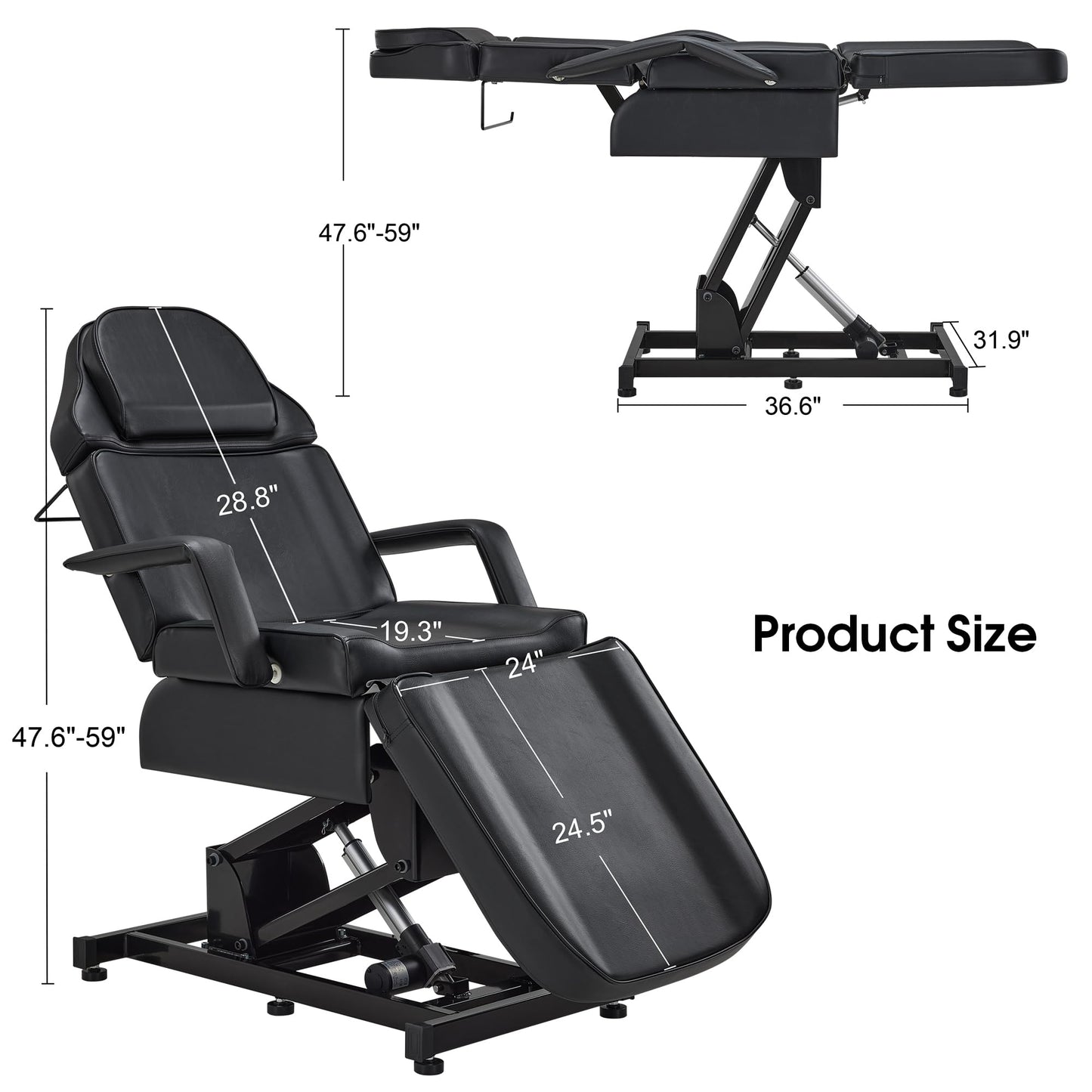 BarberPub Fully Electric Facial Bed with 3 Motor for Esthetician, Electric Tattoo Chair for Client, Facial Bed for Esthetician, Massage Adjustment 2751 (Black, Height (Flat): 25.2"–37")