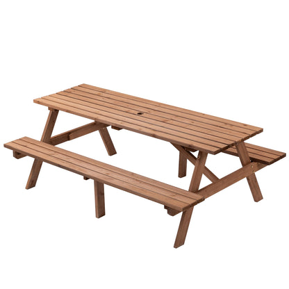 Jaxilyn Picnic Table with Bench for 6-8 Person Outdoor Wooden Rectangle Table for Backyard, Porch, Patio, Deck w/Umbrella Hole -Brown