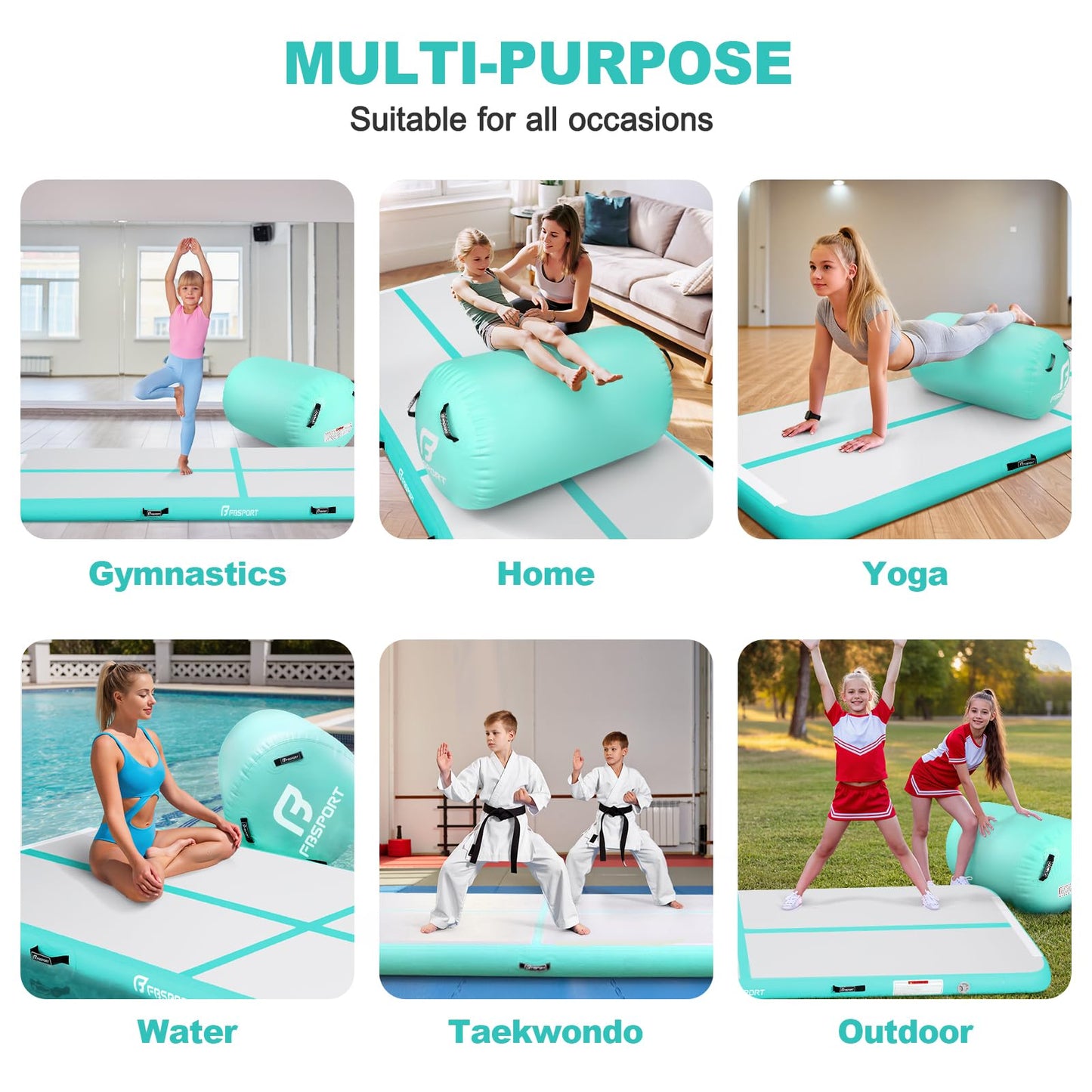 Inflatable Air Gymnastics Mat Training Mats 14ft and Air Roller 40x23.6inch with Electric Air Pump for Home Use Cheerleading Outdoor Training Park Yoga Water Beach (Green)