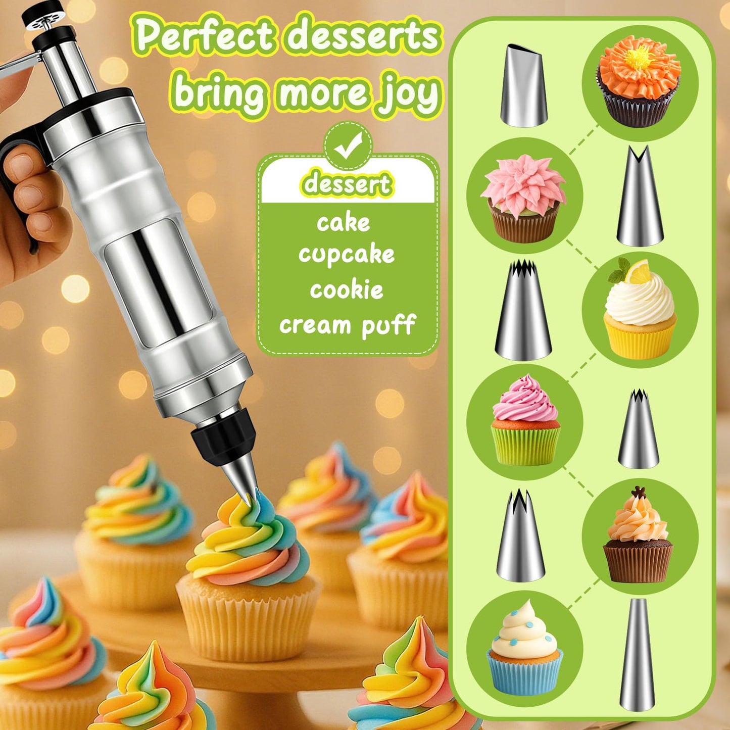 FANTEXY Dessert Decorating Syringe Set, Icing Piping Kit Stainless Steels Cake Decorating Tools 6 Piping Icing Nozzles Cupcake Decorating Kit