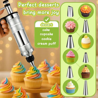 FANTEXY Dessert Decorating Syringe Set, Icing Piping Kit Stainless Steels Cake Decorating Tools 6 Piping Icing Nozzles Cupcake Decorating Kit