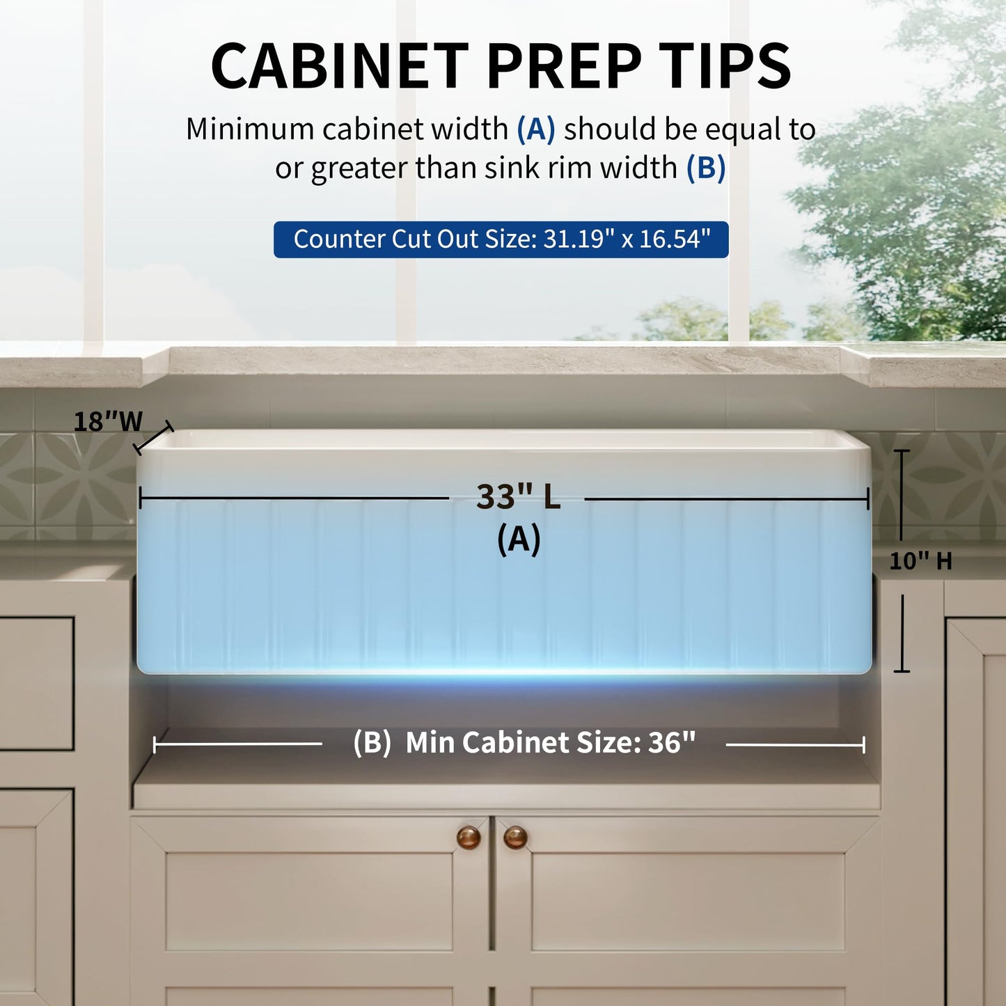 DeerValley White Farmhouse Sink 33 inch, Fireclay Apron Front Farm Kitchen Sink, Single Bowl Deep Drop-in Undermount Reversible Sinks with Grid & Strainer