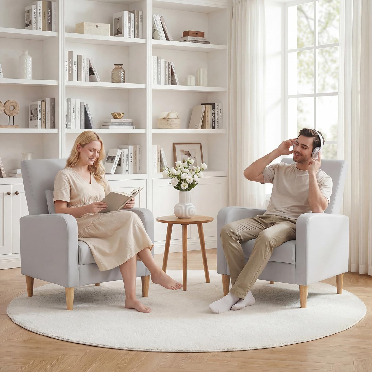 COLAMY Faux Leather Accent Living Room Chairs Set of 2, Upholstered Arm Chair Reading Side Chair, Single Sofa with Back Pillow and Wood Legs, Light Grey