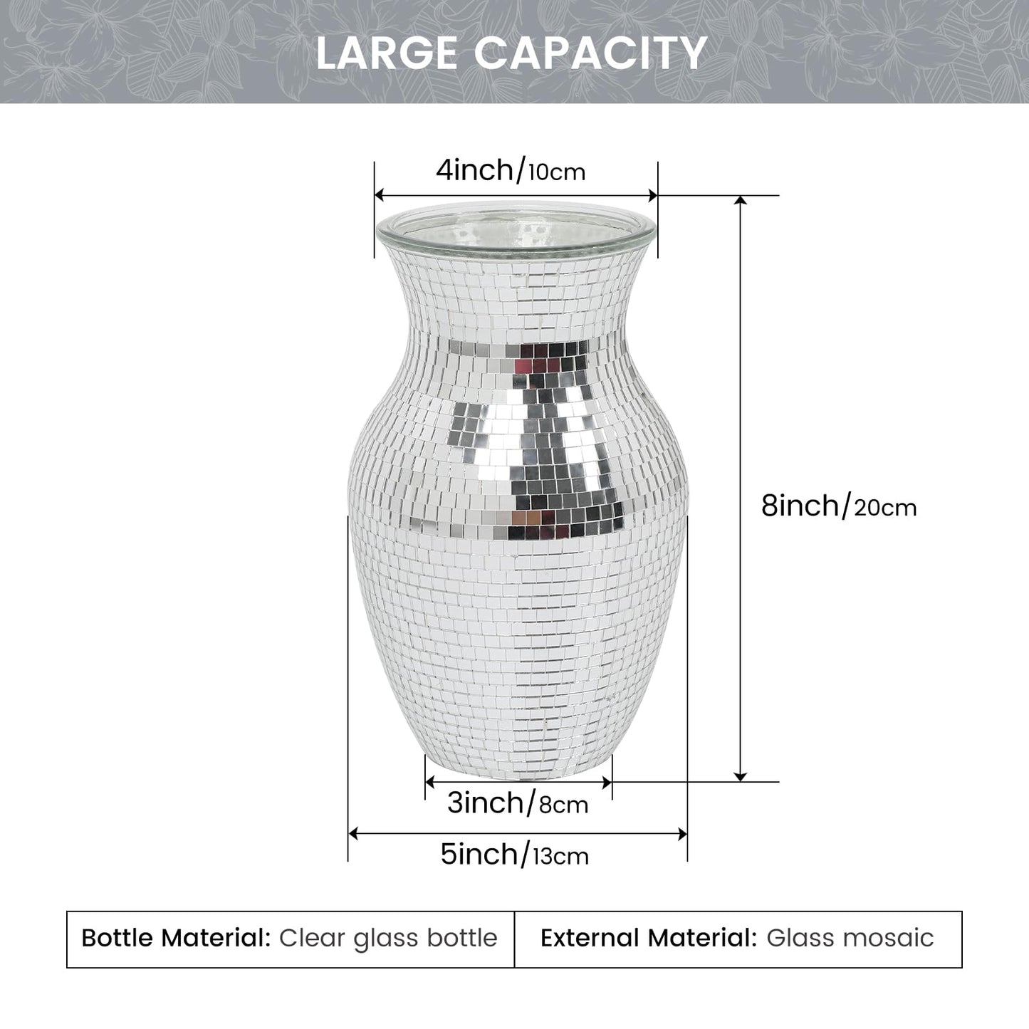 Adedeo Mosaic Glass Flower Vase for Home Decor, Handmade Glass Mosaic Vases for Living Room, Kitchen, Wedding, Office (Silver Mirror, 5 * 8 Inch)