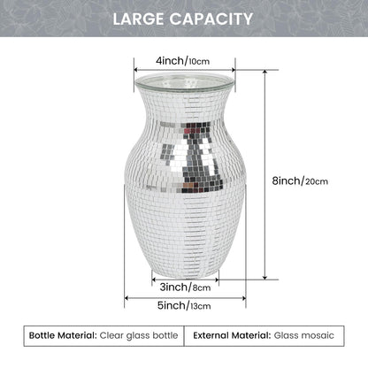 Adedeo Mosaic Glass Flower Vase for Home Decor, Handmade Glass Mosaic Vases for Living Room, Kitchen, Wedding, Office (Silver Mirror, 5 * 8 Inch)