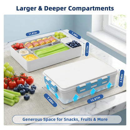 Chilled Snack Box Container with Ice Pack, Portable Travel Food Containers with Lids, Keep Cheese and Fruits Remained Fresh for Hours, Divided Serving Tray for Family Road Trip Beach Picnic(White)