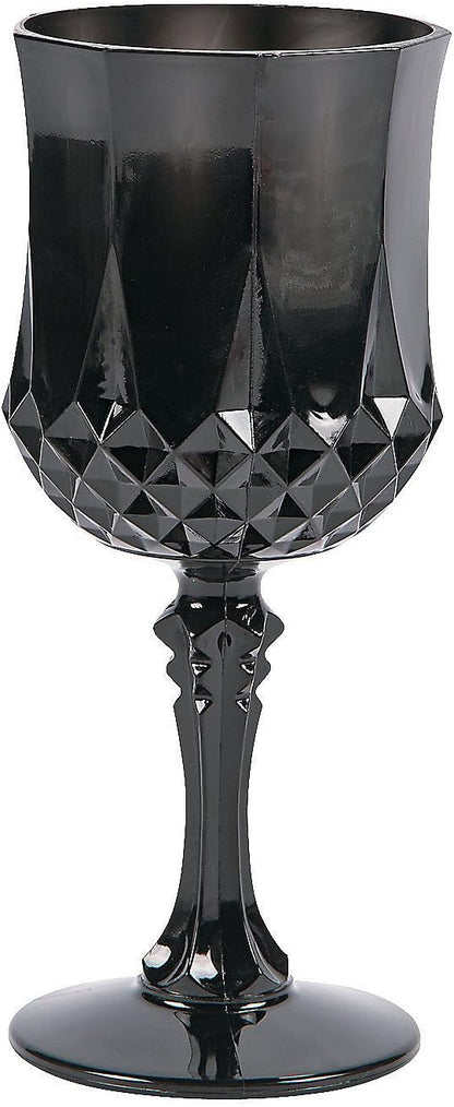Fun Express Set of 12 Plastic Black Patterned Wine Glasses - 8 oz Goblets for Weddings, Halloween, and Parties -