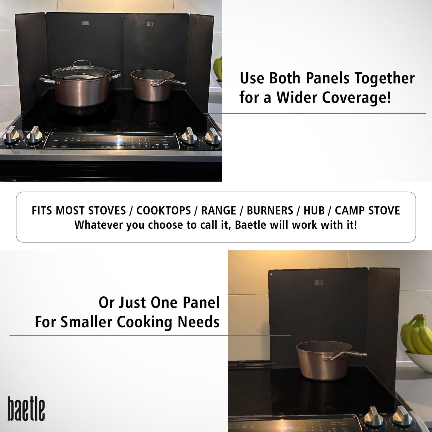 Extra-Large 2-Piece Splatter Guard (15.7” x 15.7”), Heavy-Duty, Commercial-Quality Stainless Steel Oil Splash Shield with Foldable 2-Panel Design & Silicone Spoon Rest by Baetle