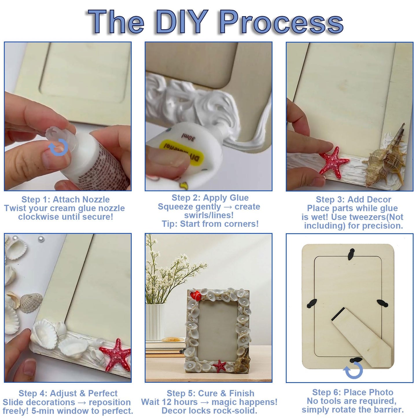 Fenzonmic DIY Wooden Photo Frame Kit – Includes Cream Glue Gun & Resin Decor (Shells, Pearls, Sea-Themed) for 4x6 Inch (10x15cm) Pictures, Creative Craft Gift for Friends, Family
