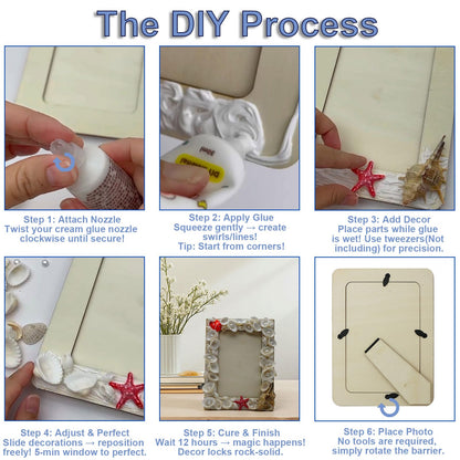 Fenzonmic DIY Wooden Photo Frame Kit – Includes Cream Glue Gun & Resin Decor (Shells, Pearls, Sea-Themed) for 4x6 Inch (10x15cm) Pictures, Creative Craft Gift for Friends, Family