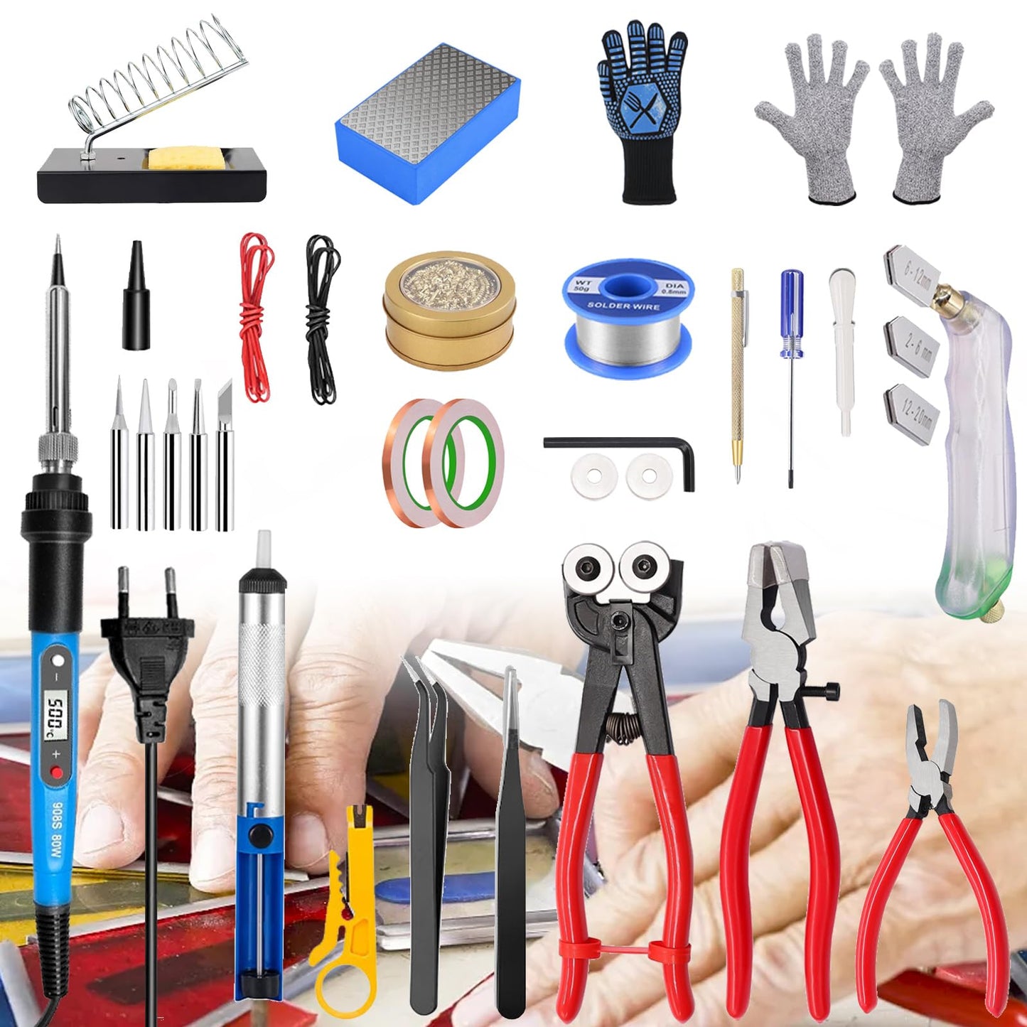 Stained Glass Kit, Stained Glass Supplies, Stained Glass Kits for Beginners, with 80W Soldering Iron Kit, Glass Cutter Tool Kit, Copper foil Tape, Cut Resistant and Welding Gloves