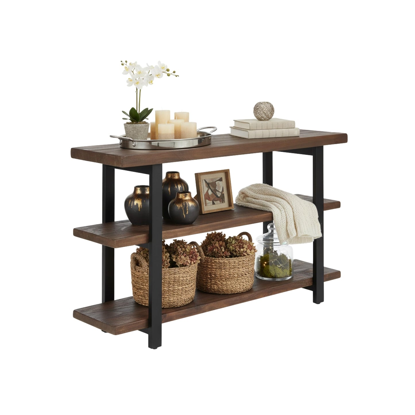 Alaterre Furniture Pomona 3-Tier Solid Wood Media Console Table with 2 Open Shelves and Metal Legs - Rustic Industrial Farmhouse TV Stand and Storage Console (Rustic Brown)