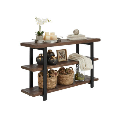 Alaterre Furniture Pomona 3-Tier Solid Wood Media Console Table with 2 Open Shelves and Metal Legs - Rustic Industrial Farmhouse TV Stand and Storage Console (Rustic Brown)