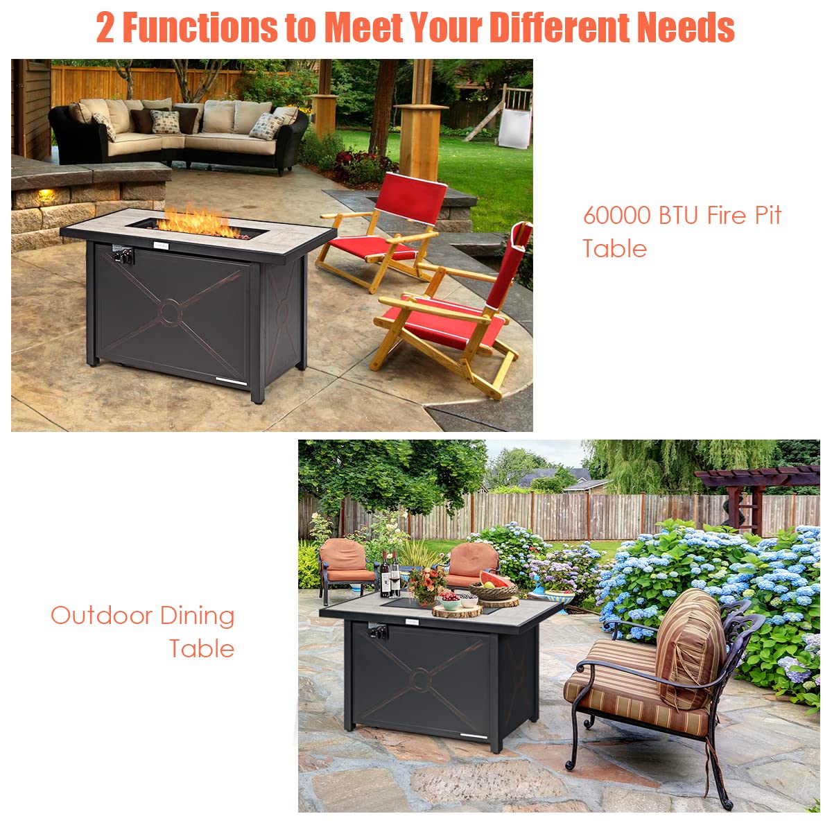COSTWAY 42" Propane Fire Pit Table, 60,000 BTU Outdoor Rectangle Gas Fire Table W/Ceramic Tabletop, Lava Rock & PVC Cover Included, Stainless Steel Burner, Ideal for Backyard, Poolside