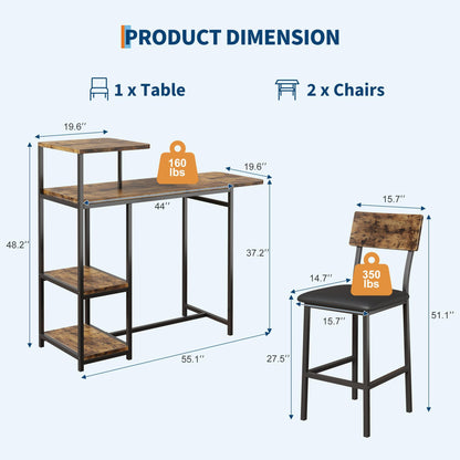 GarveeHome Bar Table and Chairs Set for 2, 3-Piece Bar Table Set with Storage Shelves, Cup Holder & Wine Rack, PU Leather Bar Stools, Small Dining Table for 2 for Kitchen, Breakfast Nook, Brown