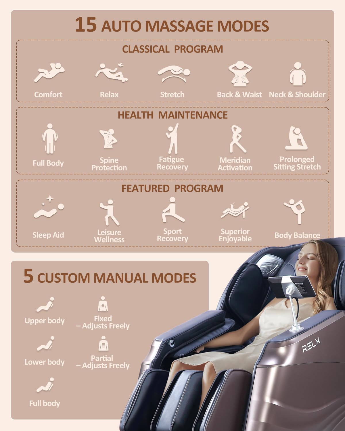 RELX Massage Chair Full Body, 20 Modes Zero Gravity SL-Track Shiatsu Massage Chair Built-in Heat System, Airbag Massage with Body Scan, Deep Yoga Stretch, Calfrest Extension and AI Control(Brown)