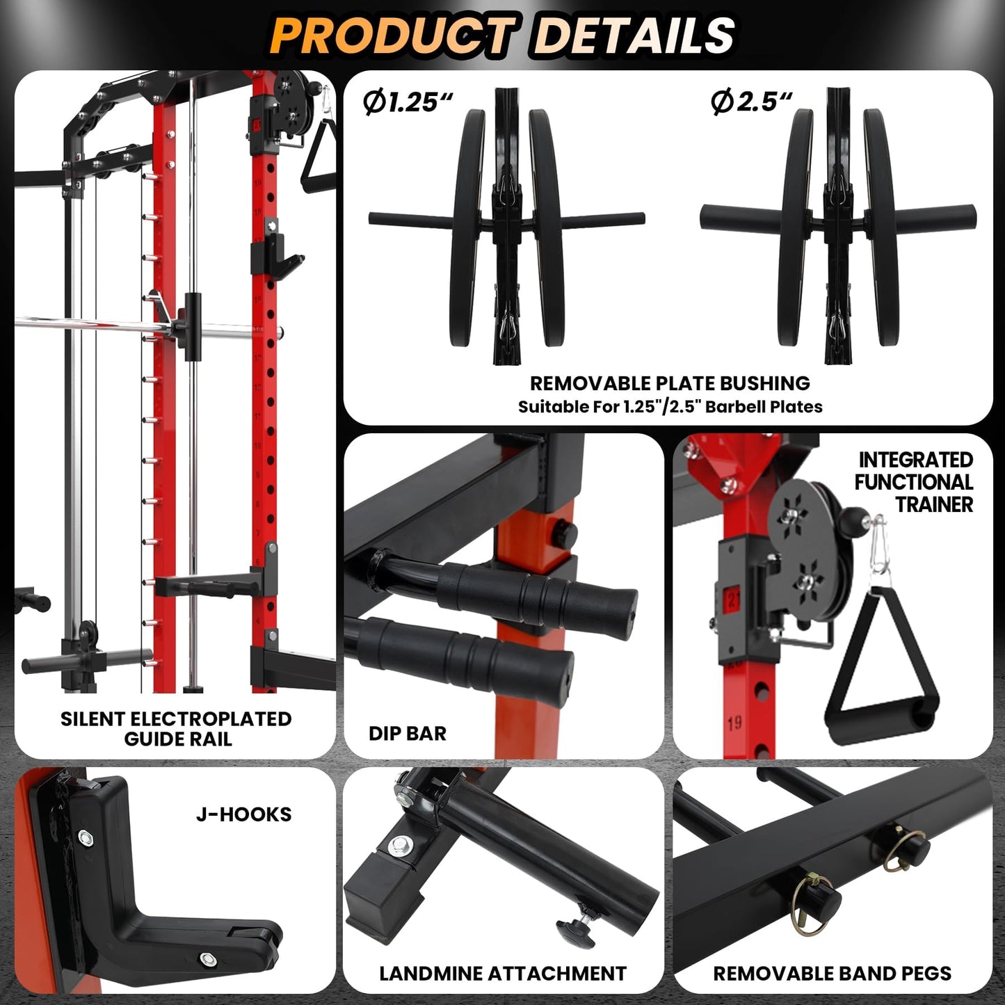 Patikuin Heavy-Duty Power Cage Smith Machine – Multi-Functional Comprehensive Home Gym Rack with Cable Crossover, Dual Pulley, LAT Pulldown, Dip Bars, Tricep Rope – Space-Saving, Black-Red