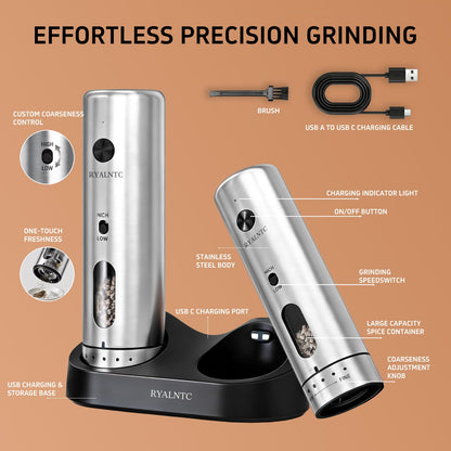 RYALNTC Electric Salt and Pepper Grinder Set with Rechargeable Base Upgraded Stainless Steel Automatic Salt and Pepper Shakers,Upgraded 2-Speed Setting,External 6 Adjustable Coarseness with LED Light