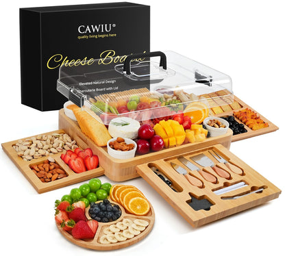 CAWIU Charcuterie Board with Lid – Large Bamboo Cheese Board Set with Utensils & Drawers – Housewarming, Wedding Gifts for Couples, Serving Tray with Cover (Black)