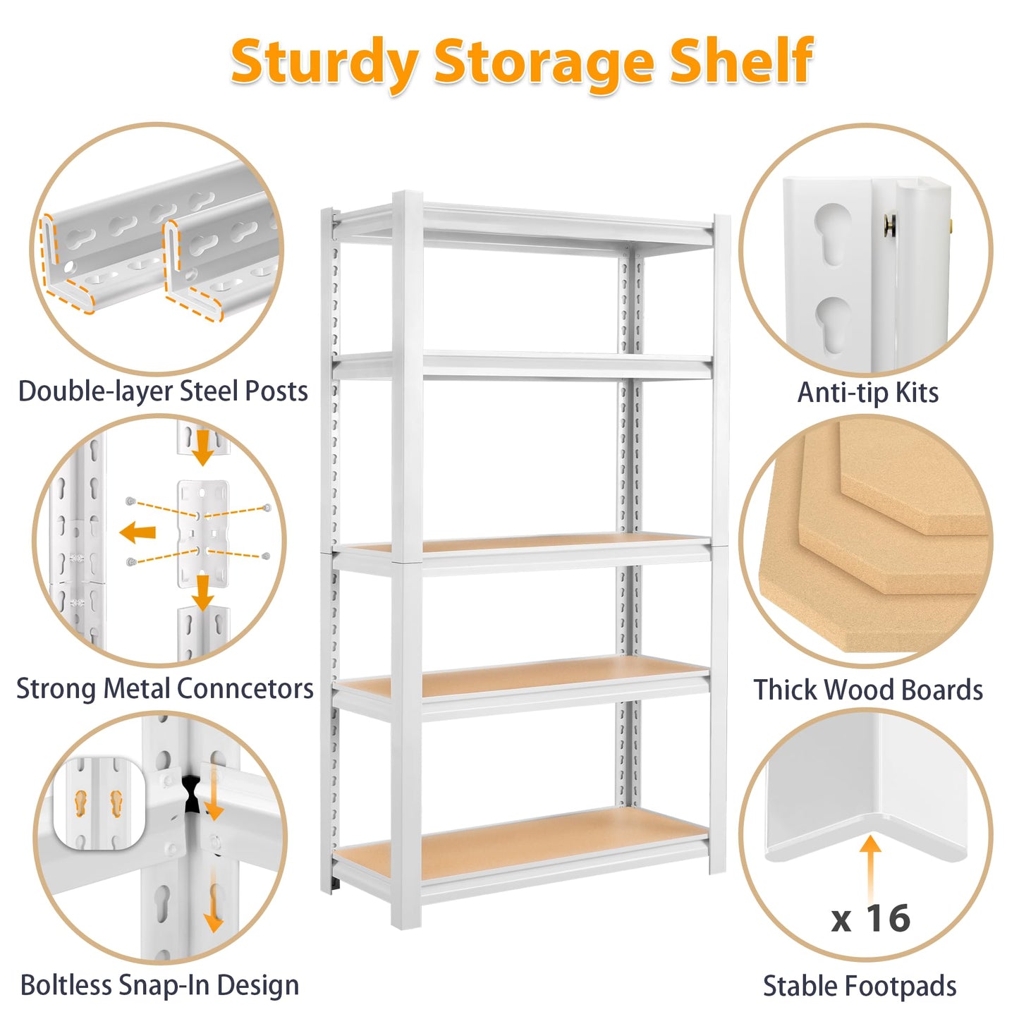 skillmaid 5 Tier White Storage Shelves - Adjustable Pantry Shelves Metal Closet Shelf, Heavy Duty Shelving Unit Utility Rack Organizer for Kitchen Closet Pantry Garage, 28" W x 12" D x 59" H, Set of 4