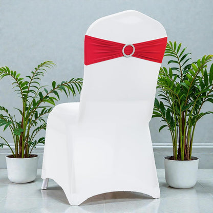 MDS Spandex Chair Sashes - 150 Universal Elastic Stretch Bands with Buckle Slider Bow | Red