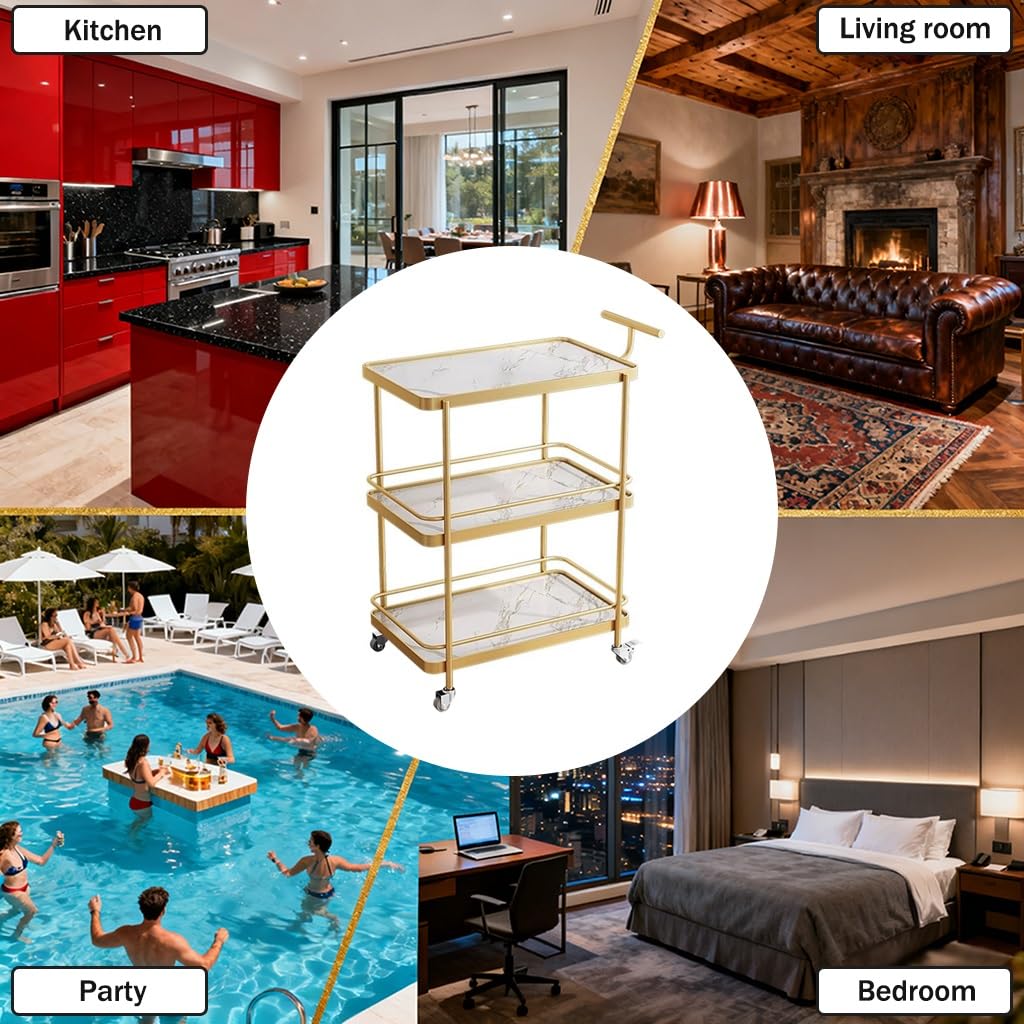 FGQuelleBM Modern 3-Tier Serving Cart, Hotel Liquor Cart with Brake Wheels & Handles, Perfect for Gourmet Food, Wine & Coffee Service(Gold White)