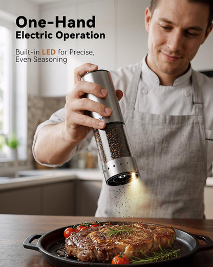 TOMEEM Rechargeable Electric Salt and Pepper Grinder Set, 115ml Large Capacity Stainless Steel Automatic Pepper Mill with Storage Base, LED Display and Light, 5 Adjustable Grind Settings