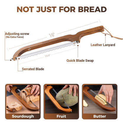 XJHEYLZ Sourdough bread knife,Bread Slicer for Homemade Bread,Adjustable blade tightness for Even Slicing, Serrated knife,Wooden Bread cutter with Bow Design (3, brown)