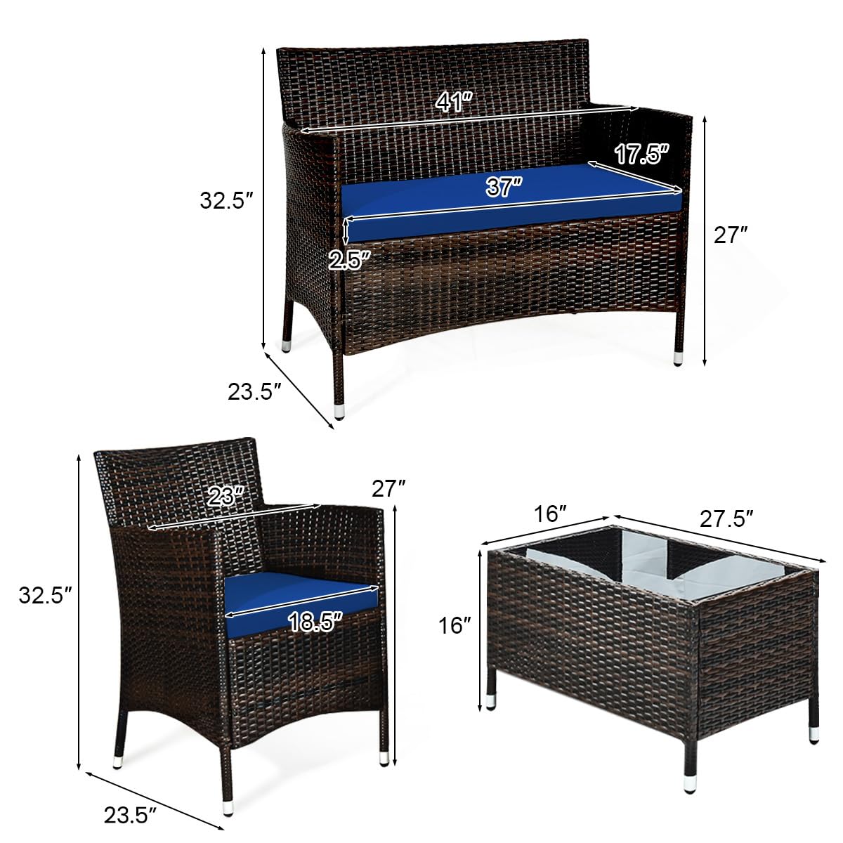 COSTWAY 8PCS Rattan Patio Furniture Set, Outdoor Wicker Rattan Chairs with Coffee Table, Rattan Cushioned Conversation Set for Backyard Balcony Porch Poolside, Navy