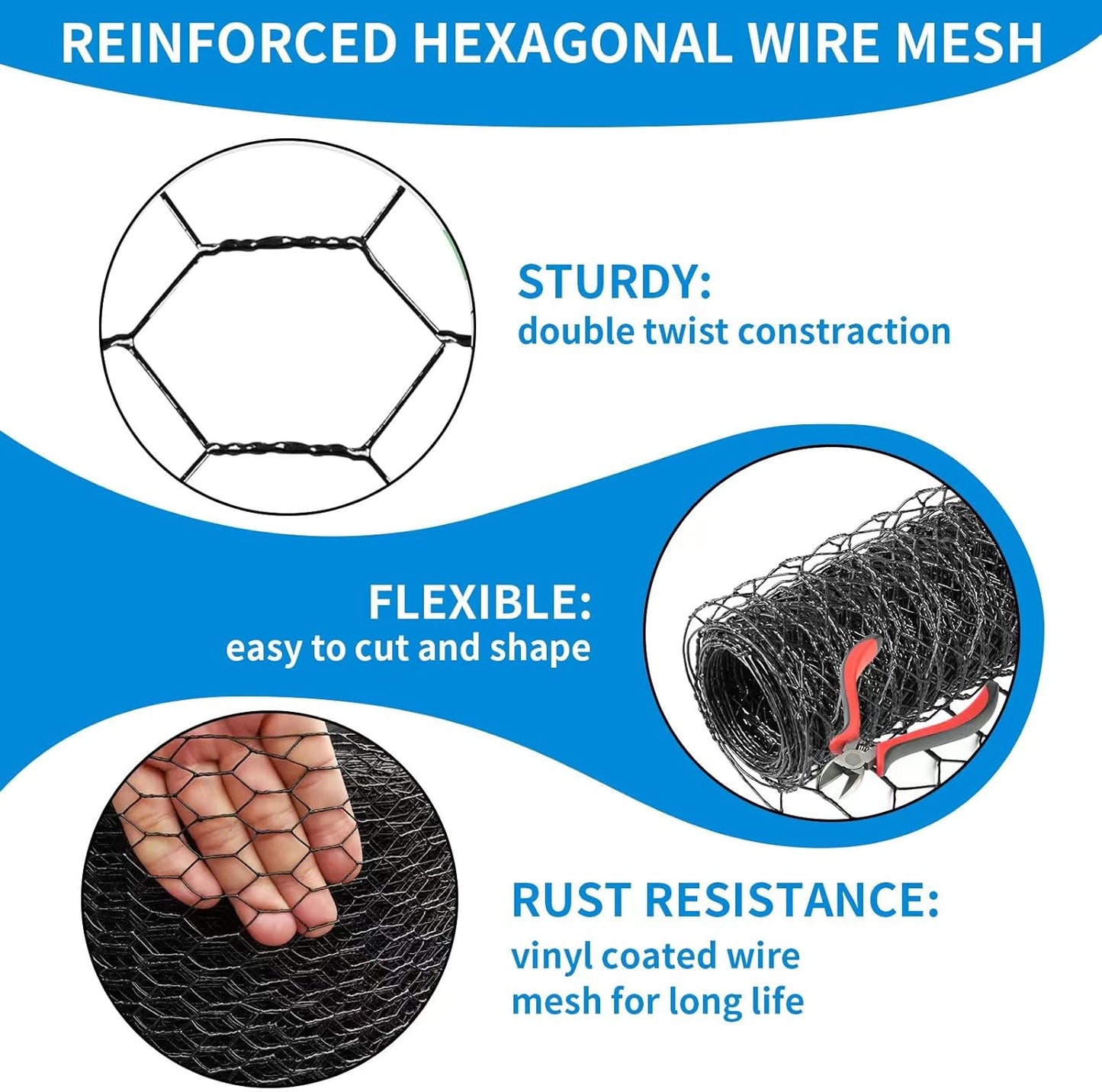 DOLEMODUO 12'' 150' 19 1 inch x Black Chicken Wire Mesh Fence, Gauge Galvanized Poultry Netting and Garden Mesh Fence