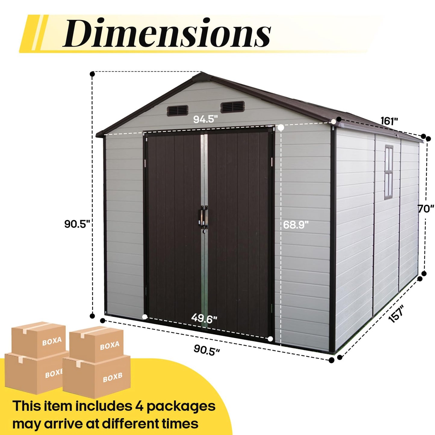 FammyLoft 8x14 FT Resin Storage Shed with Floor, Lockable Outdoor Storage with Vents, 2 Windows, Aluminum Frame for Backyard Garden Patio Lawn, All-Weather Use (Brown+White)