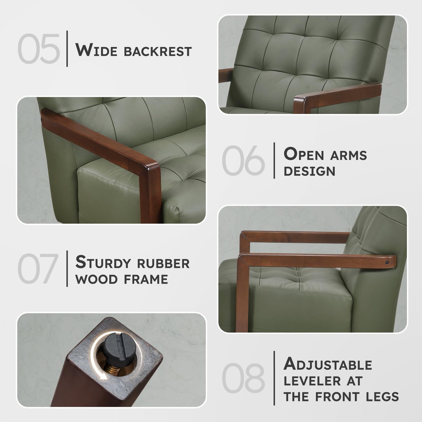 Lexicon Modern Accent Chair, Luxury Genuine Leather Match Living Room Chair with Tufted Cushions, Solid Wood Frame and Arm Rest, Comfy Upholstered Single Seat for Bedroom/Reading/Office, Green